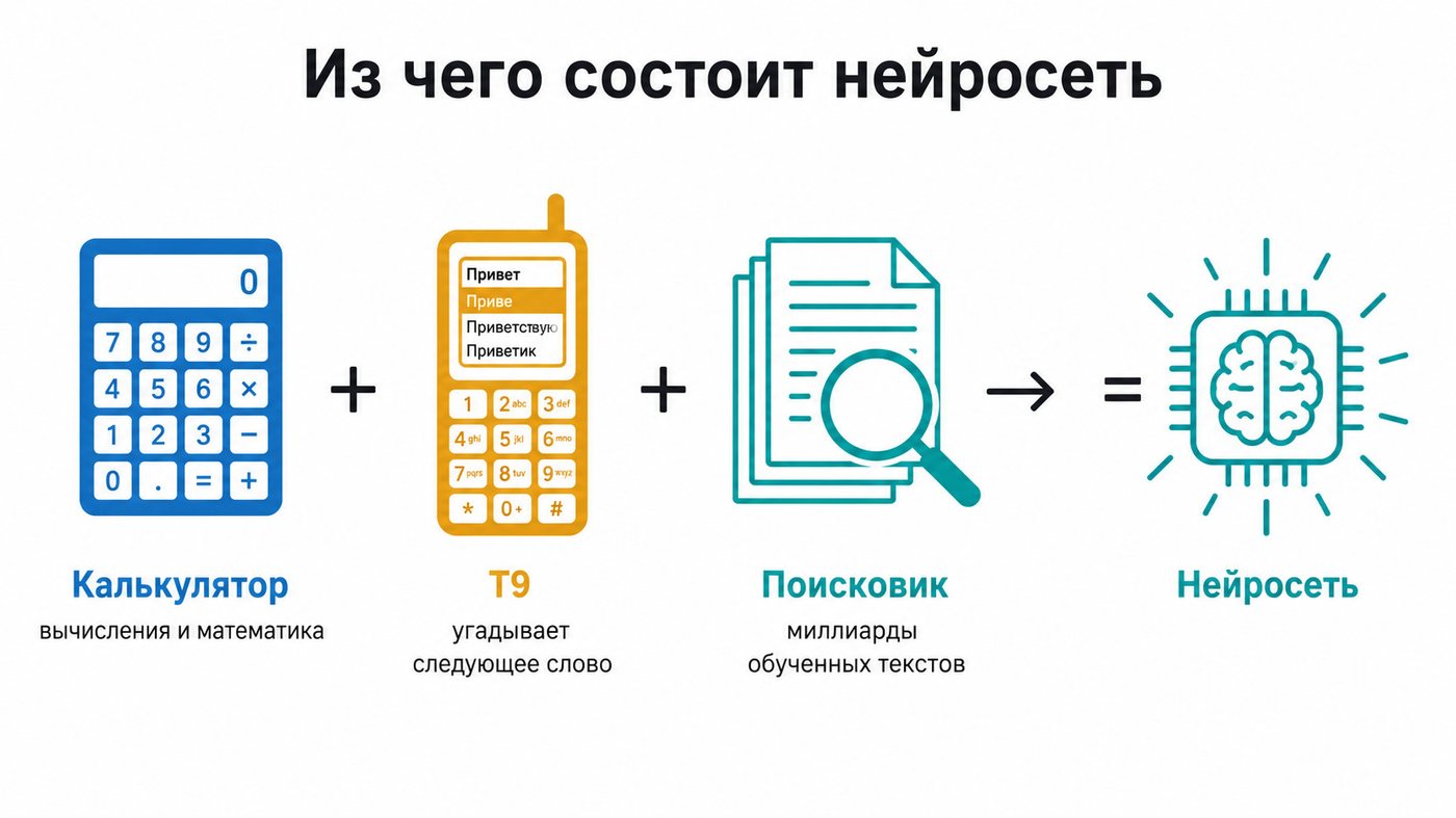 Из чего состоит нейросеть: калькулятор плюс T9 плюс поисковик равно нейросеть