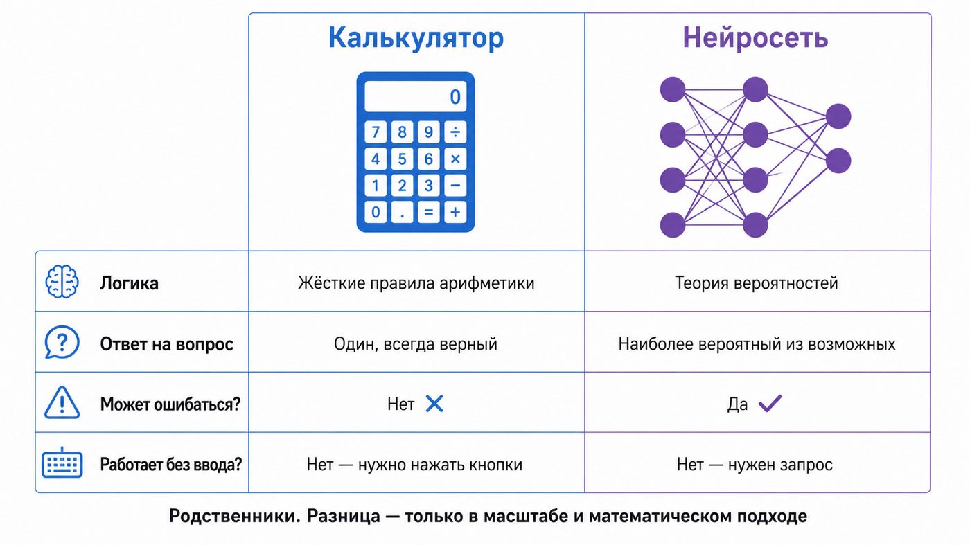 Сравнение калькулятора и нейросети: жёсткие правила арифметики против теории вероятностей, один верный ответ против наиболее вероятного